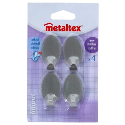 Metaltex - Zelfklevende Haakjes - Set van 4 Keukenhaken - Ovaal - 6,2 x 3,3 cm - RVS - Zilver