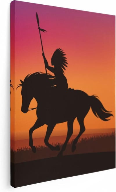 Artaza Canvas Schilderij Paarden Zonsondergang - 30x40 cm - Klein - Muurdecoratie Indiaan - Wanddecoratie Silhouet - Kamer Accessoires Woonkamer