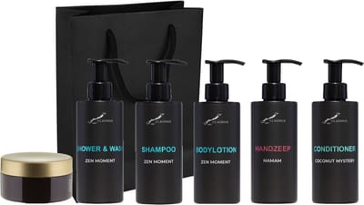 Compleet pakket Zen Moment - Shower & Wash + Shampoo + Bodylotion + Hamam Handzeep + Coconut conditioner + Scrubzout 300 gram - 300 ml per fles - set van 6 stuks - met luxe gift tas - valentijn cadeau - giftset voor hem en haar