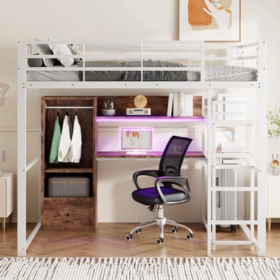 VVBV Ruimtebesparende Hoogslaper 140x200 cm - 1 Lades, LED-Verlichting, Bureau, Planken - Metaal Wit - Zonder Matras