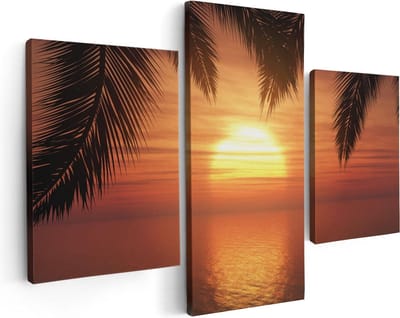 Artaza Canvas Schilderij Drieluik Zonsondergang Op Het Strand Met Palmbomen - 90x60 - Foto Op Canvas - Canvas Print