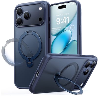 TORRAS UPro Ostand Spin Hoesje Geschikt voor Apple iPhone 17 Pro Max - Compatibel met MagSafe - 360° Draaibare Magnetische Standaard - Back Cover Kickstand Ring - Blauw