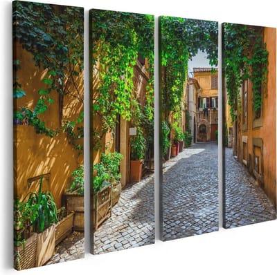 Artaza Canvas Schilderij Vierluik Straatje in Rome met Groene Planten - 80x60 - Foto Op Canvas - Canvas Print