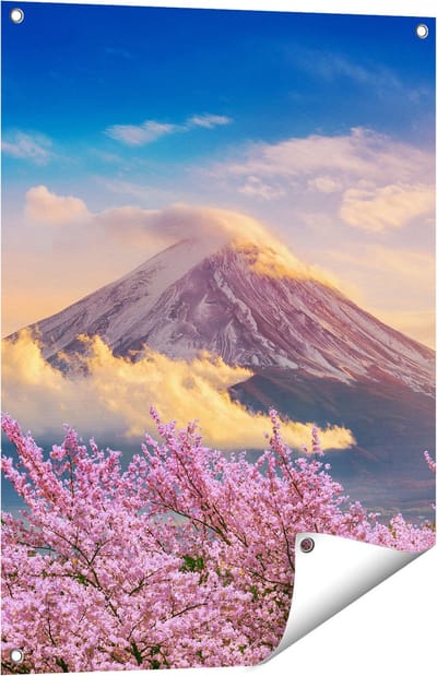 Gards Tuinposter Fuji Berg met Roze Bloesembomen - Bloemen - 60x80 cm - Tuindoek - Tuindecoratie - Wanddecoratie buiten - Tuinschilderij