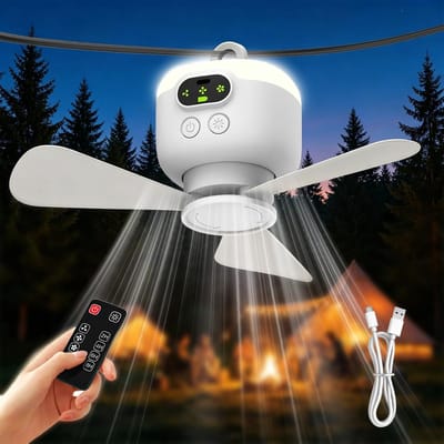 Kampeerventilato - Tentventilator - Draagbare Plafondventilator - Draagbare, Oplaadbare tentventilator met afstandsbediening - Plafondventilator met verlichting - met 3 afneembare ventilatorbladen, timer, 4 snelheden - voor buiten, paviljoen