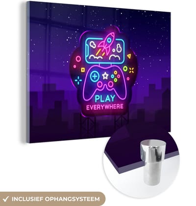 MuchoWow® Glasschilderij 160x120 cm - Schilderij acrylglas - Gaming - Neon - Play - Blauw - Nacht - Controller - Foto op glas - Schilderijen