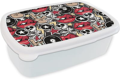 Broodtrommel Wit - Lunchbox - Brooddoos - Rock - Rock 'n roll - Patroon - Doodshoofd - 18x12x6 cm - Volwassenen