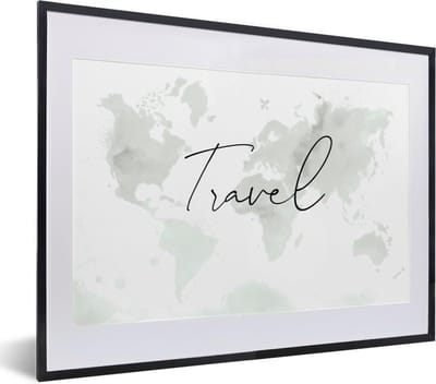 Poster in lijst - Fotolijst 40x30 cm - Posters - Wereldkaart - Waterverf - Zwart - Wit - Posterlijst zwart - Decoratie - Wanddecoratie woonkamer - Muurdecoratie slaapkamer