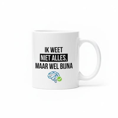 Grappige Quote Mok 330 ml – “Ik Weet Niet Alles, Maar Wel Bijna” – Humoristisch Cadeau voor Werk, Kantoor & Vrienden