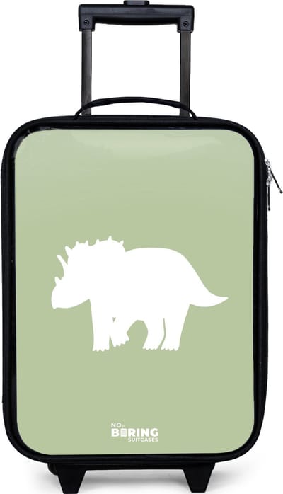 NoBoringSuitcases.com® - Kinderkoffer jongen - Kindertrolley meisje - Groen met Triceratops dino - Koffer kind lichtgewicht - Reiskoffer trolley voor kinderen - Koffertje met lichtgevende wieltjes - Rolkoffer zwart