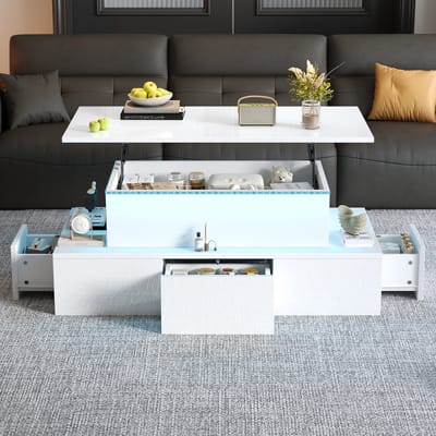 MODFU Salontafel - Verstelbaar Blad En LED - Modern - Voor De Woonkamer - MDF - Wit - 100 X 50 X 40 Cm