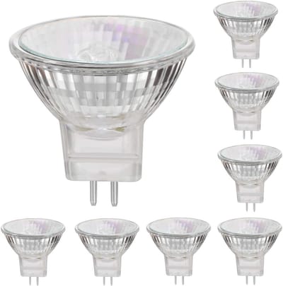Verpakking van 8 halogeenlampen, MR11 12V 35W, GU4 fitting, 2800K warm wit licht, dimbaar.