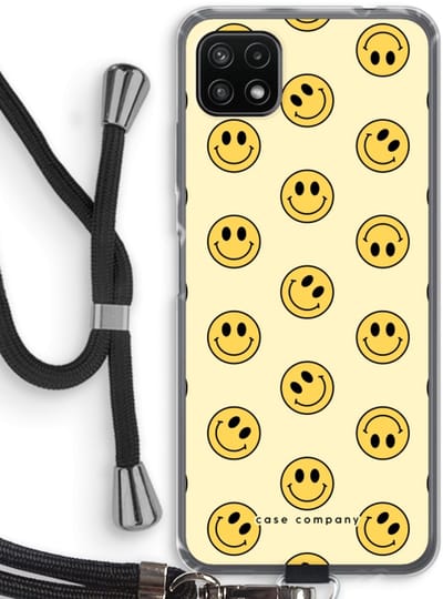 Case Company® - Hoesje met koord geschikt voor Samsung Galaxy A22 5G hoesje met Koord - Smiley N°2 - Telefoonhoesje met Zwart Koord - Bescherming aan alle Kanten en Over de Schermrand