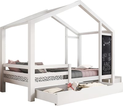 Kinderbed Huisbed 90x200 cm, Houten Bed met Bord en 2 Lades, Massief Hout met Hek en Lattenbodem, Wit (Zonder Matras)