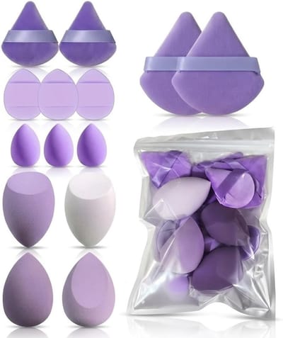 Set van 14 Wasbare Herbruikbare Make-up Sponsen voor Foundation, Crème en Poeder, Perfect voor Blenden en Aanbrengen op het Gezicht, Driehoekige Vorm (Paars)