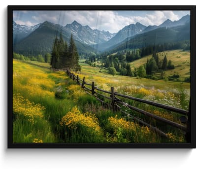 Poster in lijst - Fotolijst 70x50 cm - Posters - Veld - Hek - Bergen - Bloemen - Posterlijst zwart - Decoratie - Wanddecoratie woonkamer - Muurdecoratie slaapkamer