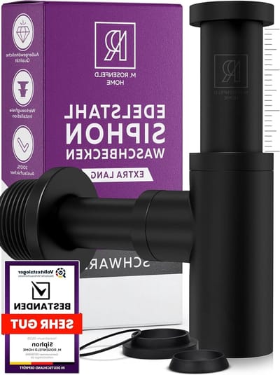 Design Sifon Wastafel Zwart Mat – Roestvrijstalen Sifon Zwart, extra lang 130–230 mm Duikbuis, Wandbuis 330 mm, 1¼", met reinigingsopening en afdichtingen