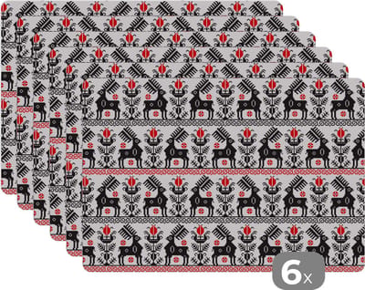 Placemat - Placemats kunststof - Hert - Patroon - Zwart - Rood - 45x30 cm - 6 stuks - Hittebestendig - Anti-Slip - Onderlegger - Afneembaar