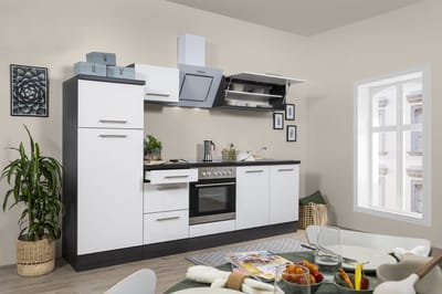 Goedkope keuken 270 cm - complete keuken met apparatuur Amanda - Eiken grijs/Wit - soft close - keramische kookplaat - afzuigkap - spoelbak