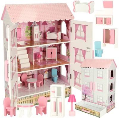 Playos® - Houten Poppenhuis XL - Roze - 80 cm - Inclusief Meubels en Accessoires - MDF - 3 Verdiepingen - Rollenspel - Poppen