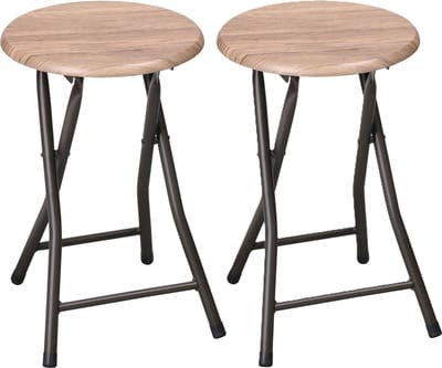Urban Living Bijzet krukjes - 2x - zwart/beige - metaal/hout - D30 x H45 cm - opvouwbaar