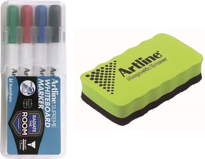 Artline Whiteboard Marker Set - 4 Stuks & Magnetische Wisser - Kogelpunt 2,0mm - Zwart, Blauw, Rood & Groen