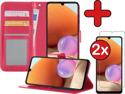 Hoesje - Met 2x Screenprotector - Geschikt voor Samsung Galaxy A32 5G - Luxe Pasjeshouder - Flip Case - Bookcase Portemonee - Kunstleer Book Case - Flipcase Hoes - Book Cover - Walletcase - Portemonneehoes - Telefoonhoes - Donkerroze