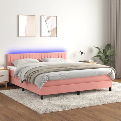 vidaXL - Boxspring - met - matras - en - LED - fluweel - roze - 180x200 - cm