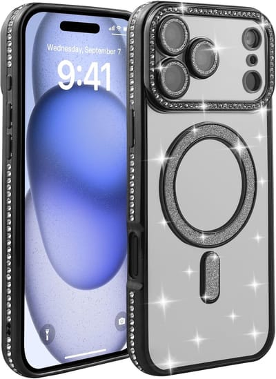 Diamant Telefoonhoesje Geschikt voor Magsafe met Camera Bescherming voor iPhone 17 Pro - FuturiQ - Zwart
