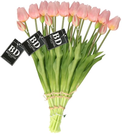 Bellatio Design Kunst tulpen boeket Sally - 21x stuks - lichtroze - real touch - 47 cm