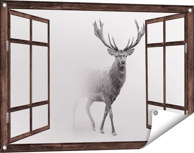 Gards Tuinposter Doorkijk Hert - Zwart Wit - 90x60 cm - Tuindoek - Tuindecoratie - Wanddecoratie buiten - Tuinschilderij