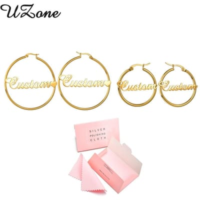 Uzone 25mm -100mm Gepersonaliseerde Naam Hoepel Oorbellen Voor Vrouwen Gepersonaliseerde Roestvrij Staal Naamplaatje Brincos Mode Sieraden Groothandel beige
