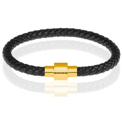 Memphis armband leer met edelstaal Zwart Goudkleurig-24cm
