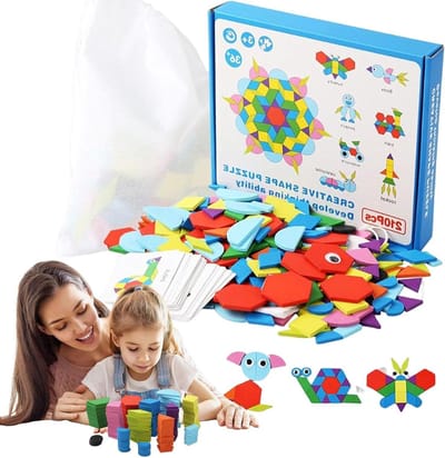 Houten Puzzel - Tangram Spel Motiefblokken - Cognitieve Ontwikkeling - Natuurlijk Hout Materiaal - 210 Stukjes - Montessori