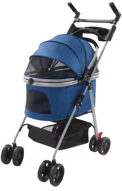 Opvouwbare dierenbuggy – Voor kleine honden en katten / wandelen en vervoer – Afneembare en op het frame gemonteerde opbergmand, verstelbaar handvat – Blauw