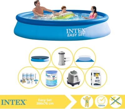 Intex Rond Opblaasbaar Easy Set Zwembad - 366 x 76 cm - Blauw - Inclusief Pomp - Afdekzeil - Onderhoudspakket - Filter - Grondzeil - Zoutwatersysteem - Zwembadzout - 8-delig