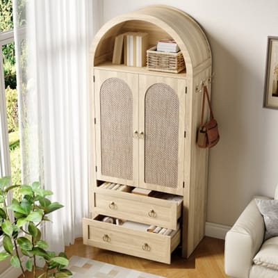 Lemlit Boogkast - Hoge Opbergkast, Buffetkast en Woonkamerkast met Rotanlook Deuren, 2 Lades en Zijhaken - 80x40x180 cm - Eikenkleur