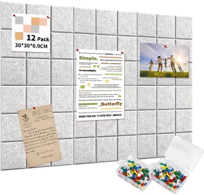 Dailygoods- Prikbord Extra Groot 120x90cm - Filt Memoborden 30x30cm - 12 Stuks - Zelfklevend - Kantoor/Keuken - Wanddecoratie met Pinnen - Memobord