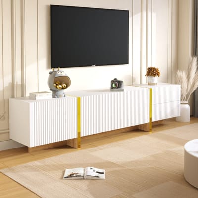 DESMIU Tv Meubel - Ruime Opbergruimte Met 3 Deuren En 2 Laden - Voor Woonkamer En Mediaruimte - MDF En Spaanplaat - 190x35x45 Cm - Wit Goud