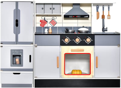 COSTWAY Kinderkeuken met afneembare koelkast, speelkeuken van hout met verlichting, muziek, geluid, 3 haken en 3 vakken, houten keuken met 12 accessoires, speelgoedkeuken voor kinderen vanaf 3 jaar