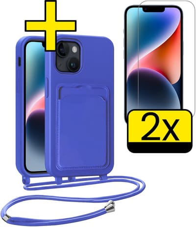 Hoesje Geschikt voor iPhone 13 Telefoonhoesje Met Koord Case Pashouder Met 2x Screenprotector Siliconen - Hoes Geschikt voor iPhone 13 Hoesje Met Kaarthouder - Felblauw