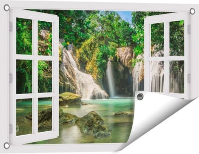 Gards Tuinposter Doorkijk Tropische Waterval - 60x40 cm - Tuindoek - Tuindecoratie - Wanddecoratie buiten - Tuinschilderij