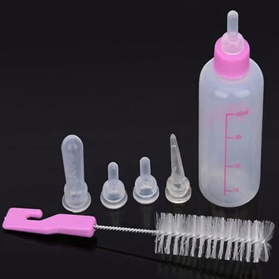 Crrynuo 1 Stuk - Roze Dierenfles 60ML - Compleet Voedingsset Voor Puppy's En Kittens - Inclusief 6 Accessoires