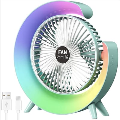 Nieuwe USB-bureauventilator met 3 standen en kleurrijke LED-verlichting – Draagbare tafelventilator – Stille desktopventilator – 181° draaibaar – Voor thuis, kantoor, slaapkamer en studentenkamer (Groen)