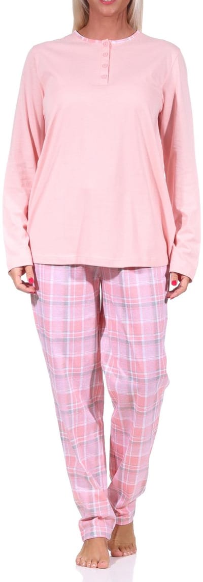 Damespyjama met lange mouwen, geruite broek en knoopsluiting aan de hals - 212 201 90 445
