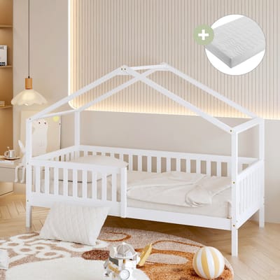 Sunny Kae Bedhuisje – Kinderbed Met Uitvalbeveiliging – 207 x 96 x 156,5 cm – Peuterbed Meisjes en Jongens – FSC 100% Hout – Huisbed 90x200 - Met Lattenbodem – Bedbank - Inclusief Matras – Wit