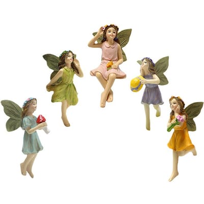 Lot de 5 figurines miniatures de fées en résine synthétique, mini sculptures de fées fleuries, ornements de jardinière pour beige