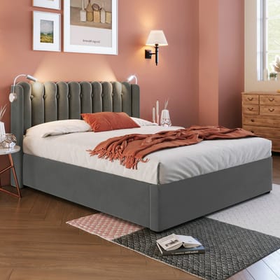 VVBV Gestoffeerd Opbergbed 160x200 cm - Opbergruimte, Lattenbodem, Hoofdbord, Leeslamp - Fluweel Grijs - Zonder Matras