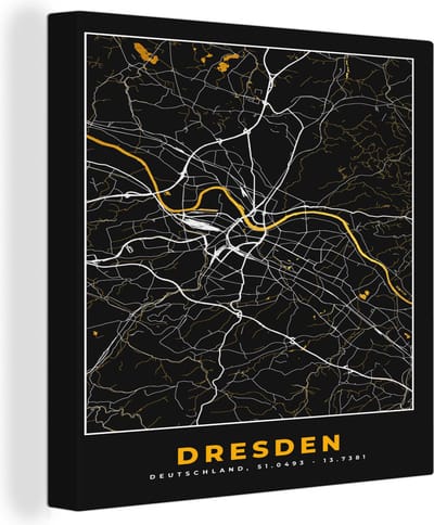 Canvas Schilderij Dresden - Goud - Stadskaart - Plattegrond - Kaart - Duitsland - 20x20 cm - Wanddecoratie