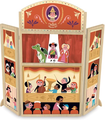 Vilac poppentheater Ingela P. Arrhenius met silhouetpoppen - kleurrijk houten speelgoed.